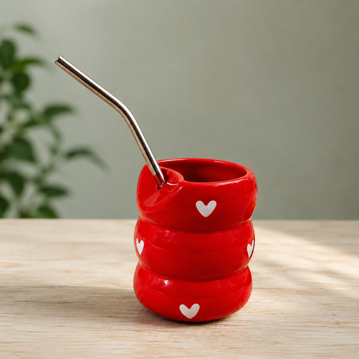 Red Heart Ceramic Tumbler with Stainless Steel Straw - Image 2