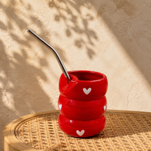 Red Heart Ceramic Tumbler with Stainless Steel Straw