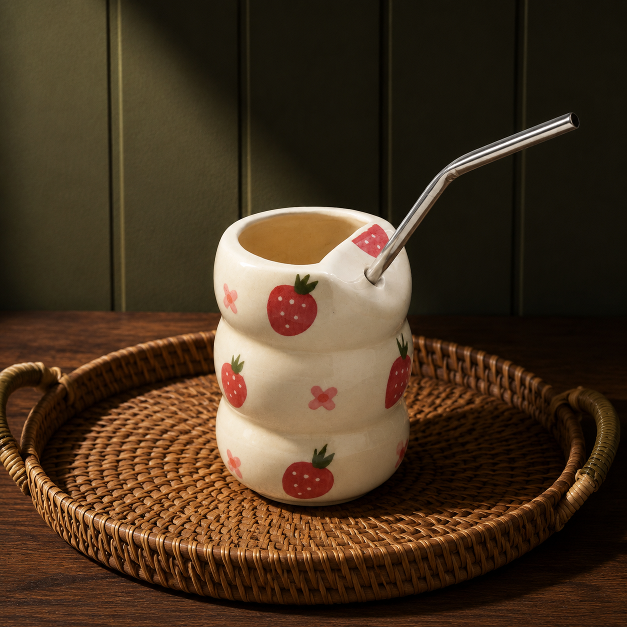 Strawberry Print Ceramic Tumbler with Straw - Image 4