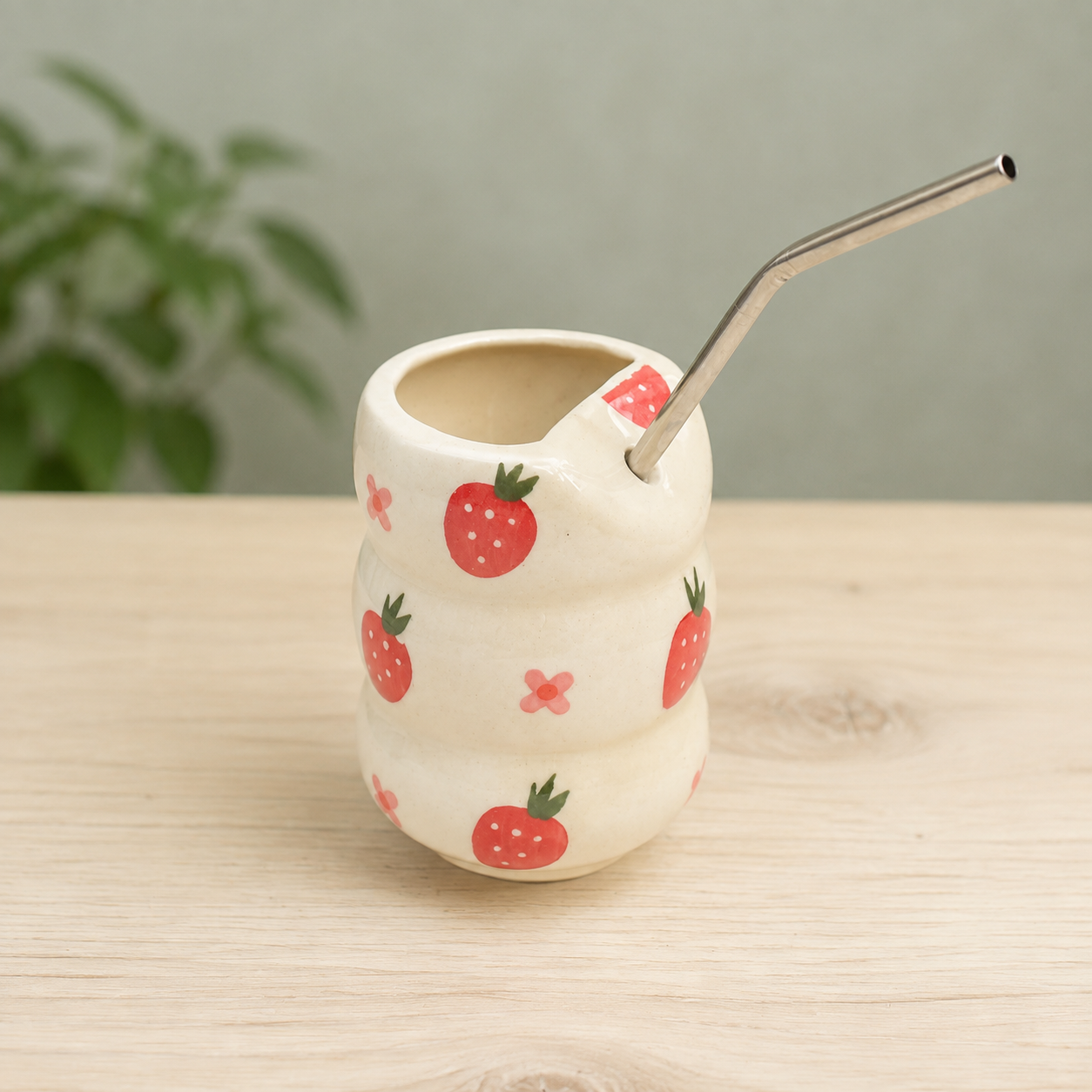 Strawberry Print Ceramic Tumbler with Straw - Image 5