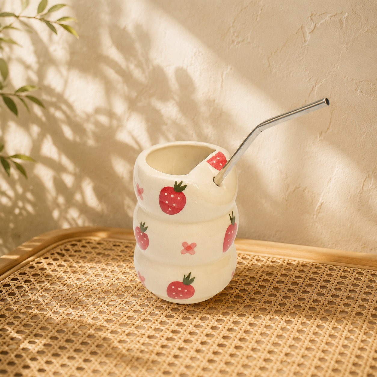 Strawberry Print Ceramic Tumbler with Straw - Image 3