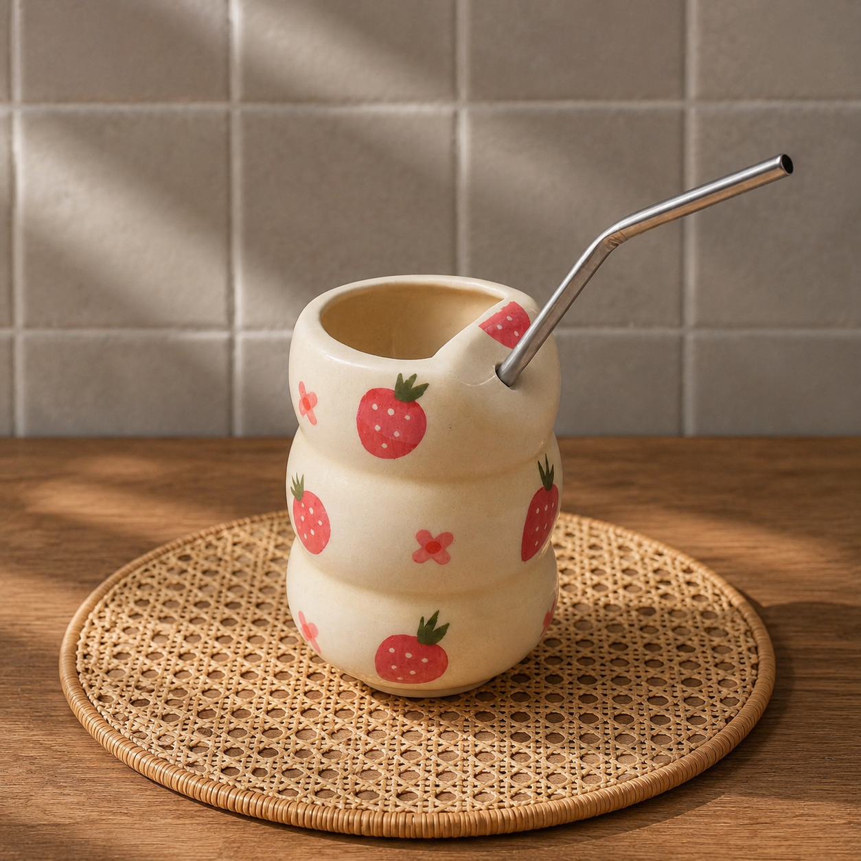 Strawberry Print Ceramic Tumbler with Straw - Image 2