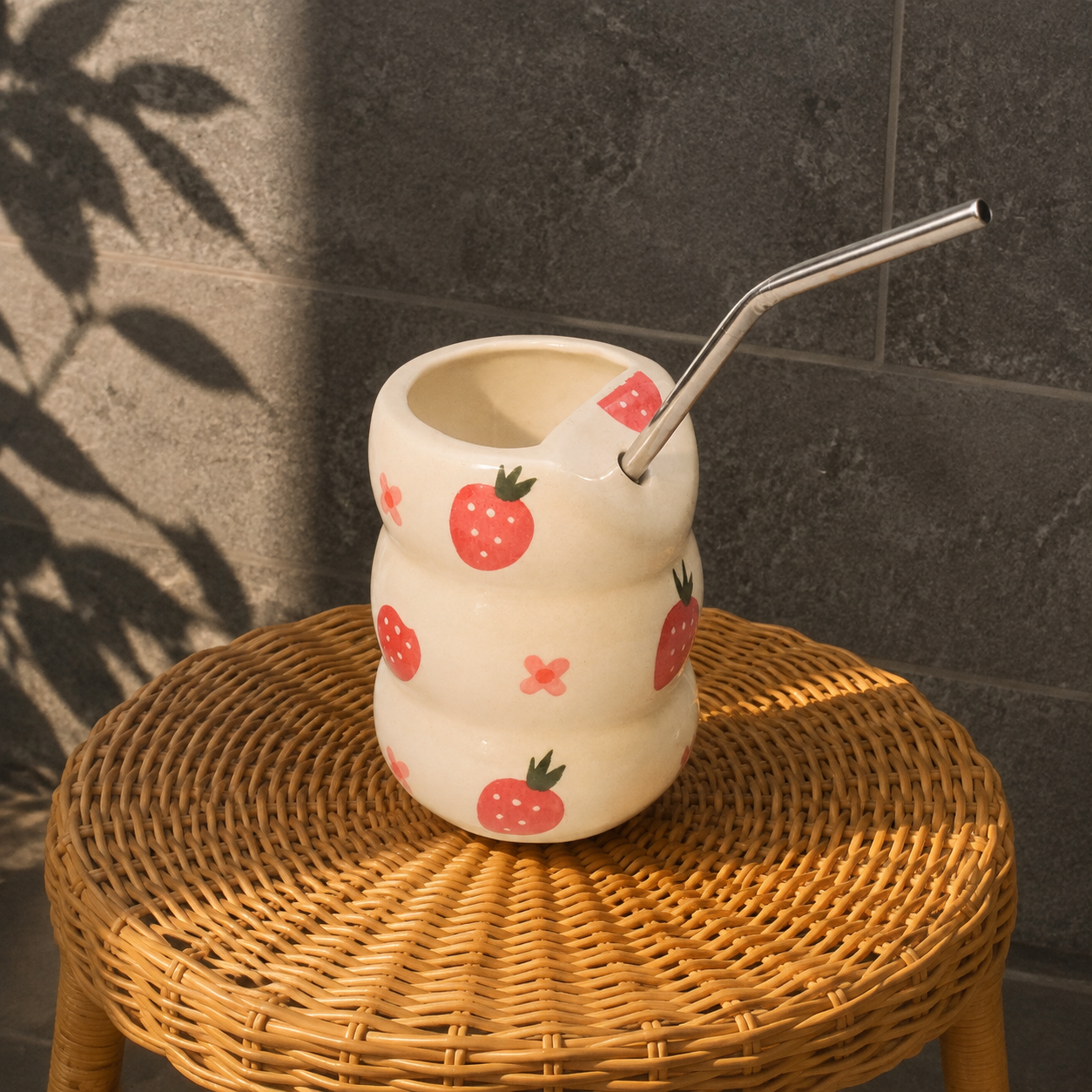 Strawberry Print Ceramic Tumbler with Straw
