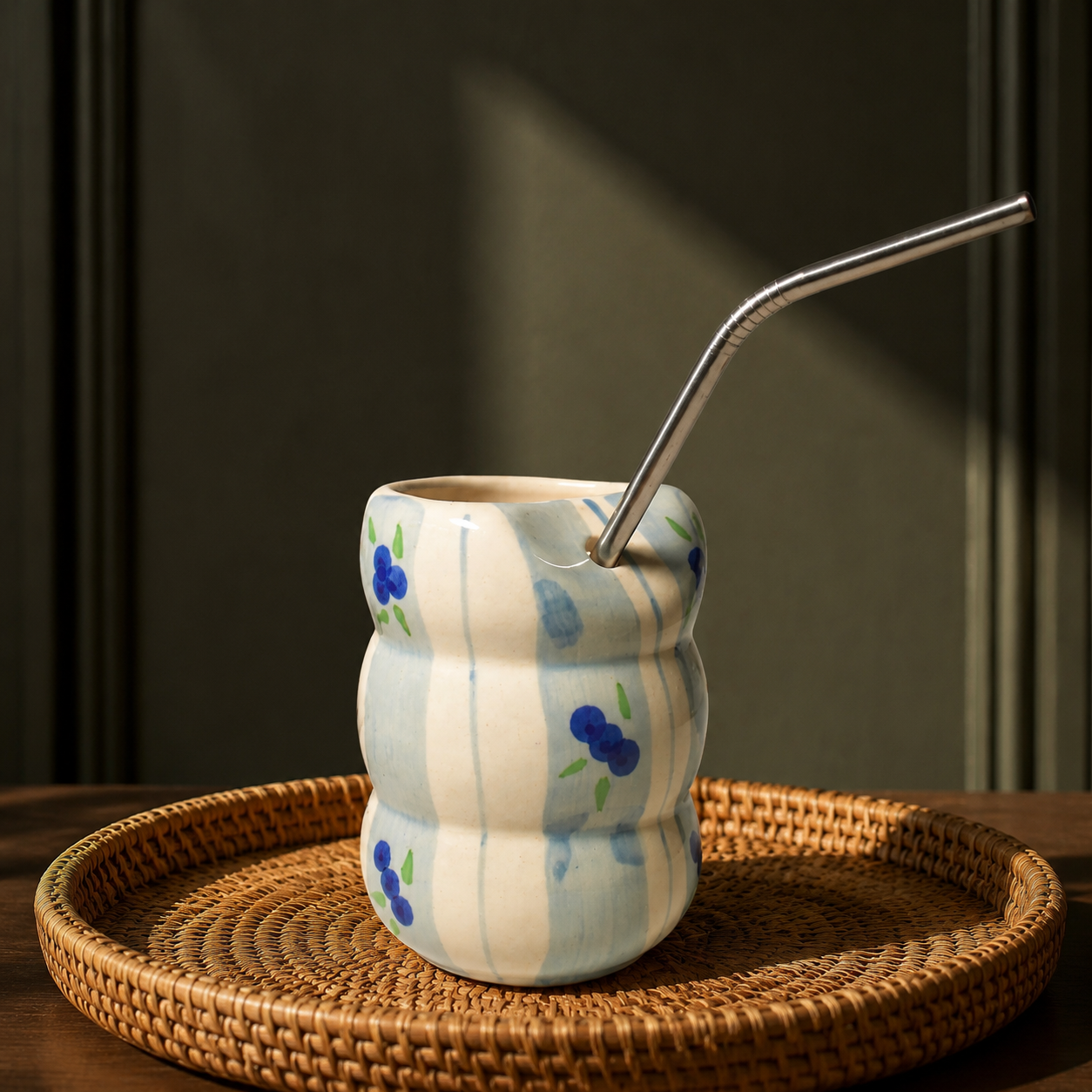 Blueberry Print Ceramic Tumbler with Stainless Steel Straw