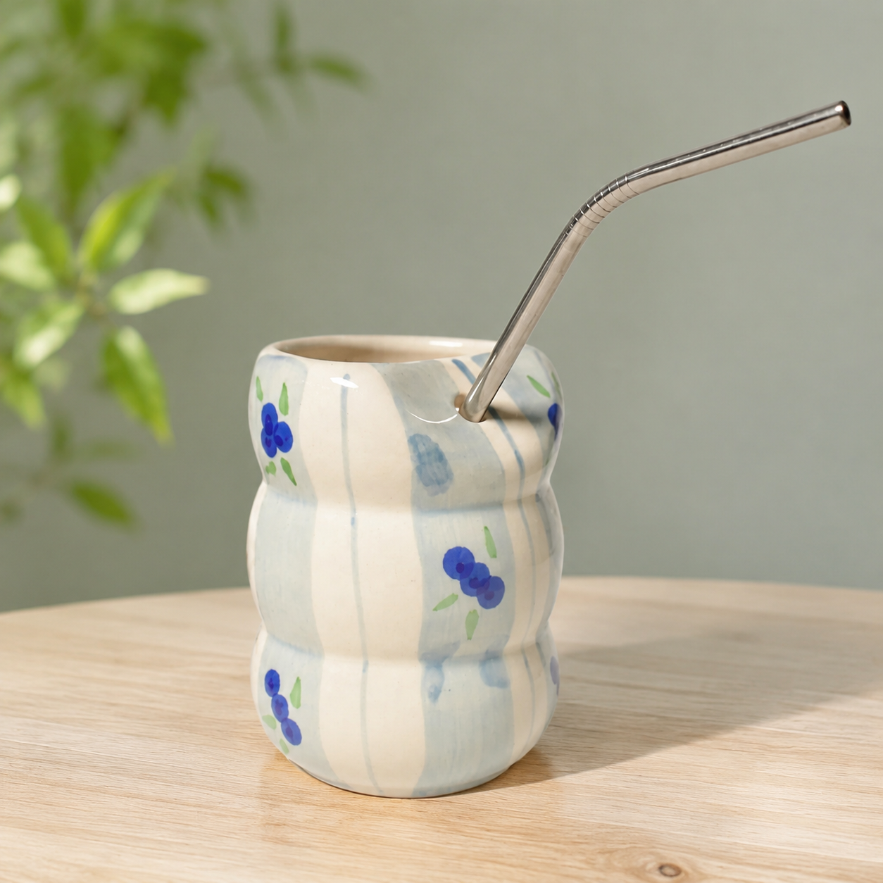 Blueberry Print Ceramic Tumbler with Stainless Steel Straw - Image 4