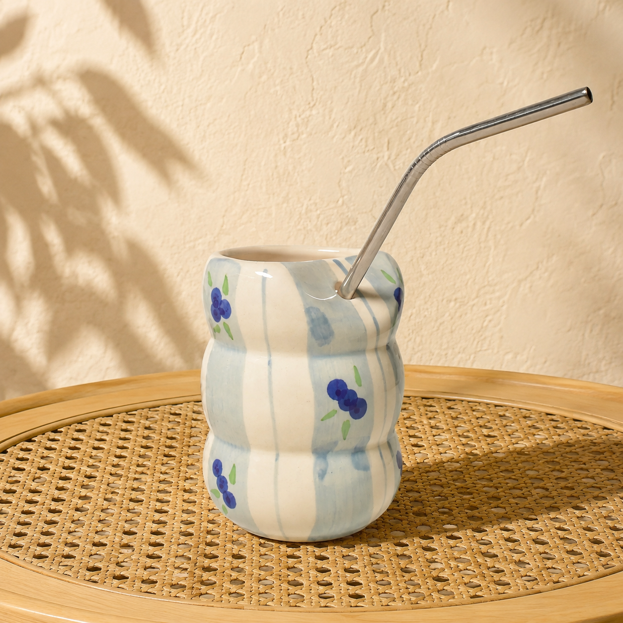 Blueberry Print Ceramic Tumbler with Stainless Steel Straw - Image 2