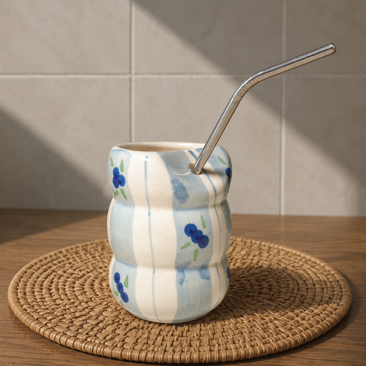 Blueberry Print Ceramic Tumbler with Stainless Steel Straw - Image 3