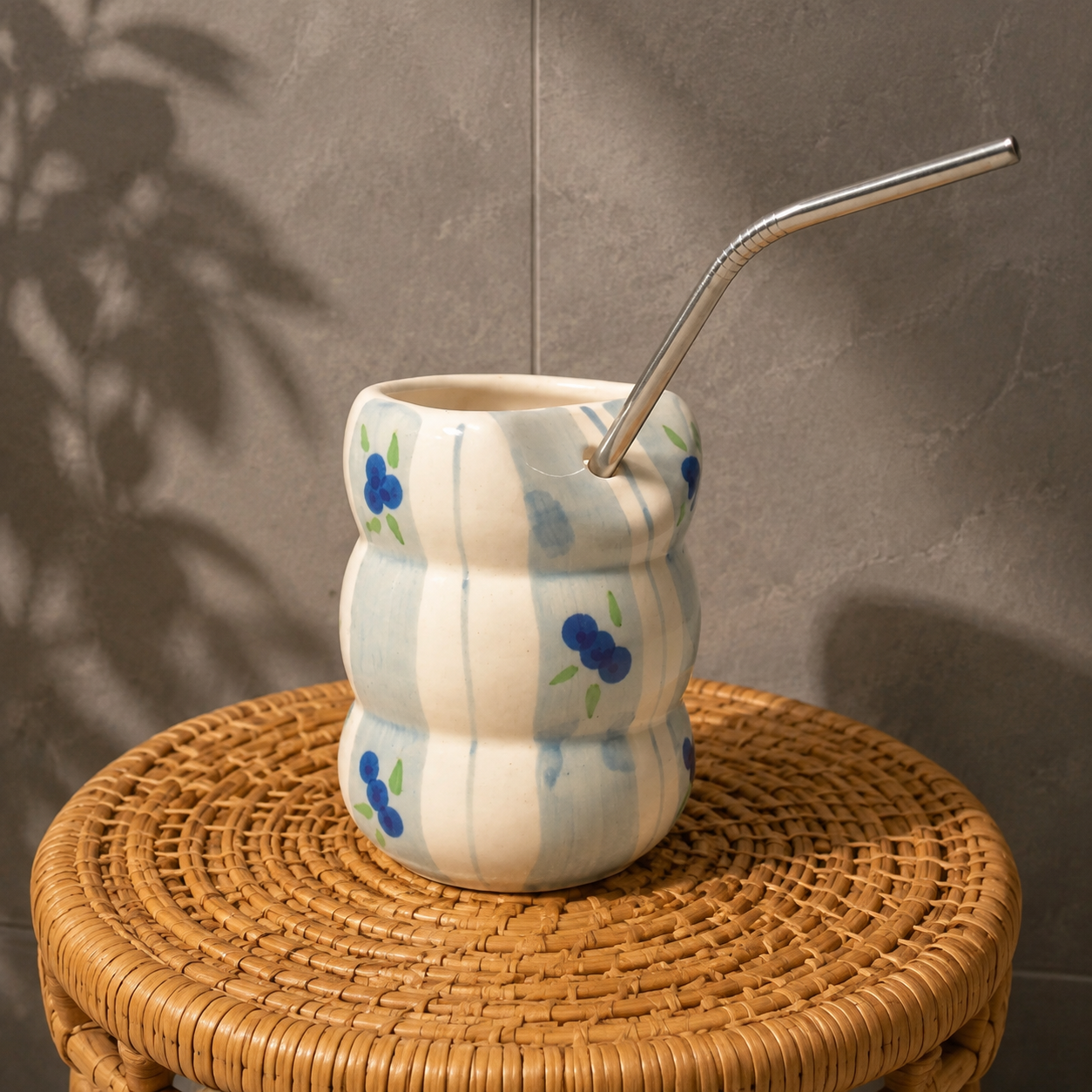 Blueberry Print Ceramic Tumbler with Stainless Steel Straw - Image 5
