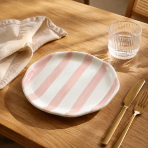 Blush Pink Striped Ceramic Dinner Plate