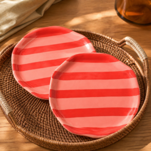 Pink and Red Striped Ceramic Snack Plate