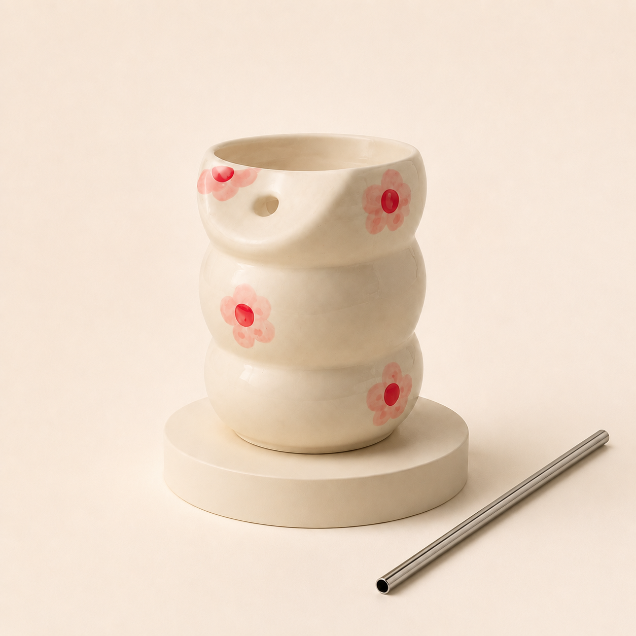 Pink Floral Ceramic Tumbler with Straw - Image 2