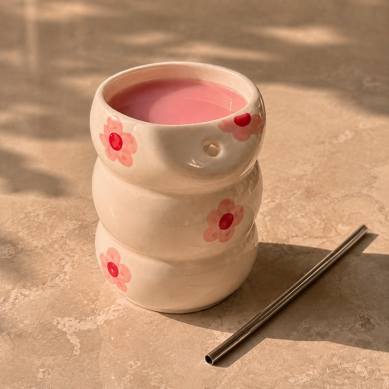 Pink Floral Ceramic Tumbler with Straw - Image 5