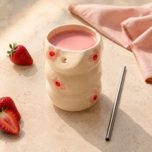 Pink Floral Ceramic Tumbler with Straw
