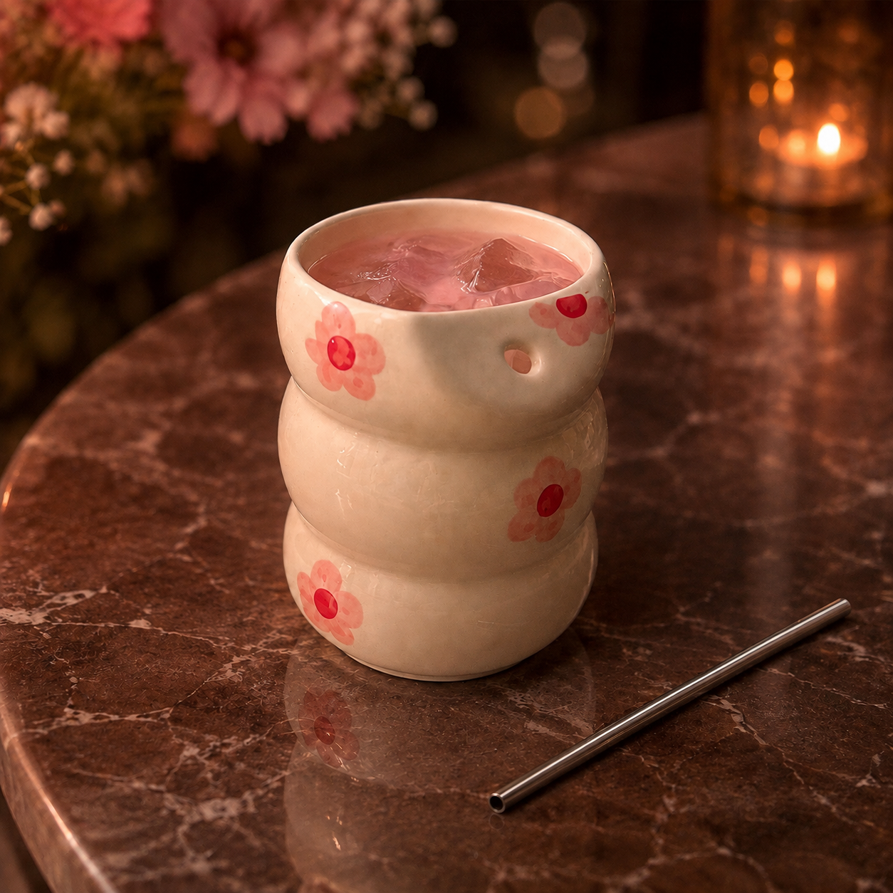 Pink Floral Ceramic Tumbler with Straw - Image 3