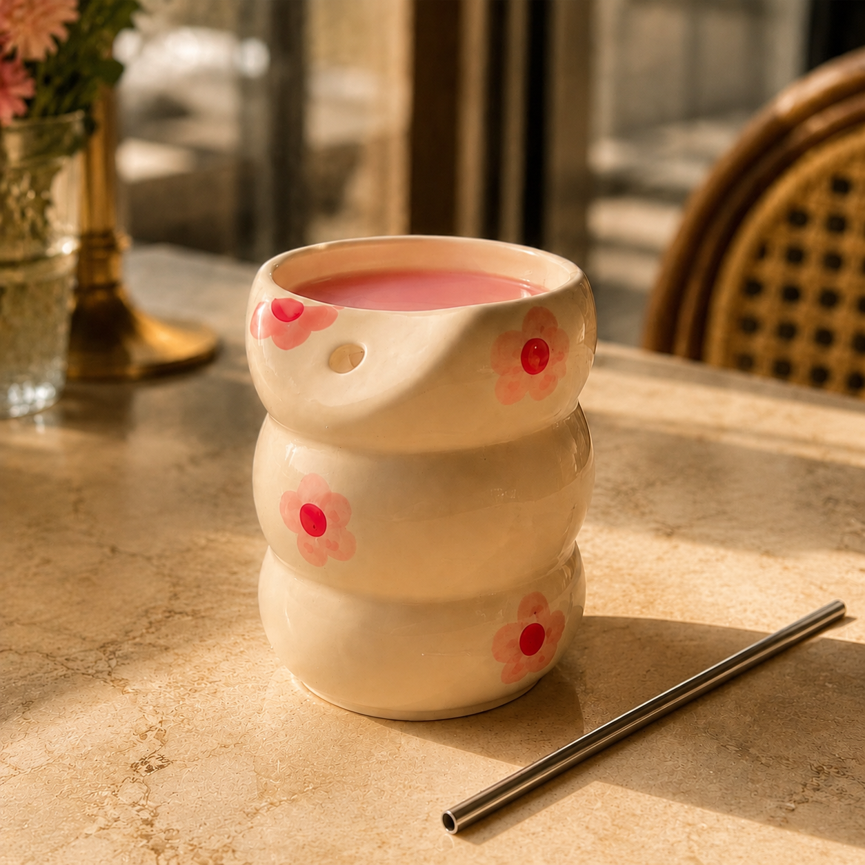 Pink Floral Ceramic Tumbler with Straw - Image 4