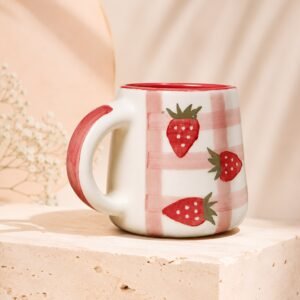 Strawberry Gingham Ceramic Mug – Pink & White Checkered Coffee Cup