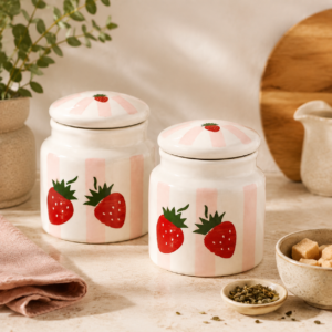 Strawberry Print Ceramic Storage Jar with Lid