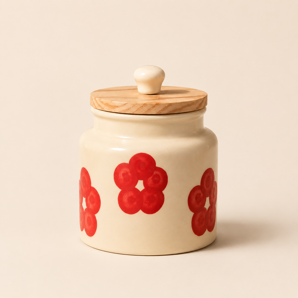 Red Floral Ceramic Storage Jar with Wooden Lid - Image 4
