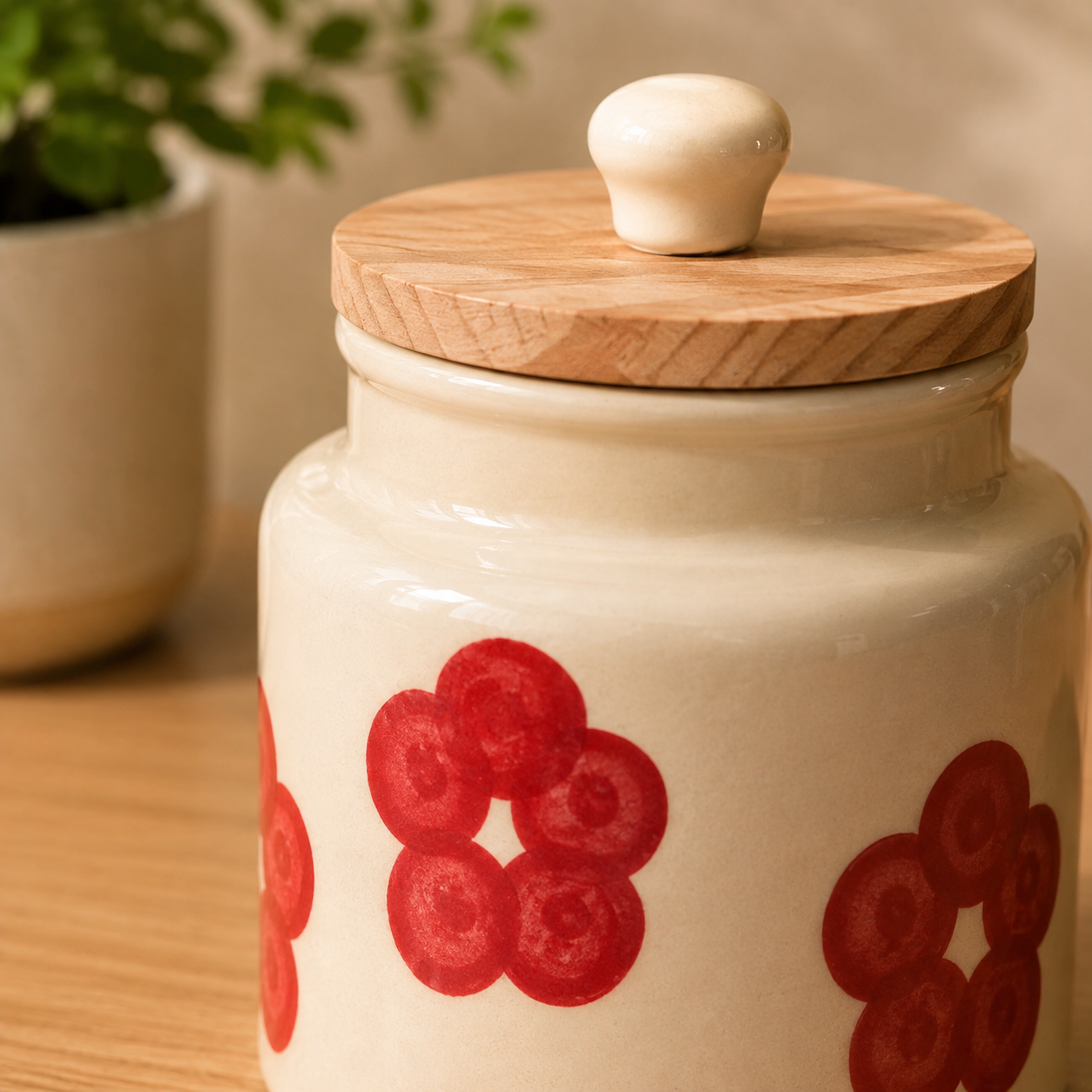 Red Floral Ceramic Storage Jar with Wooden Lid - Image 2