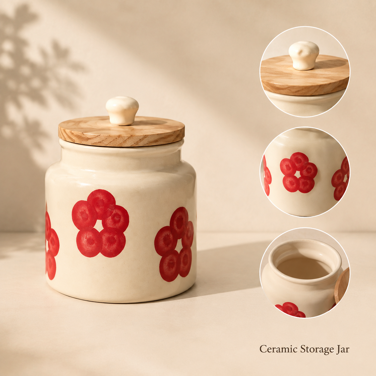 Red Floral Ceramic Storage Jar with Wooden Lid - Image 3