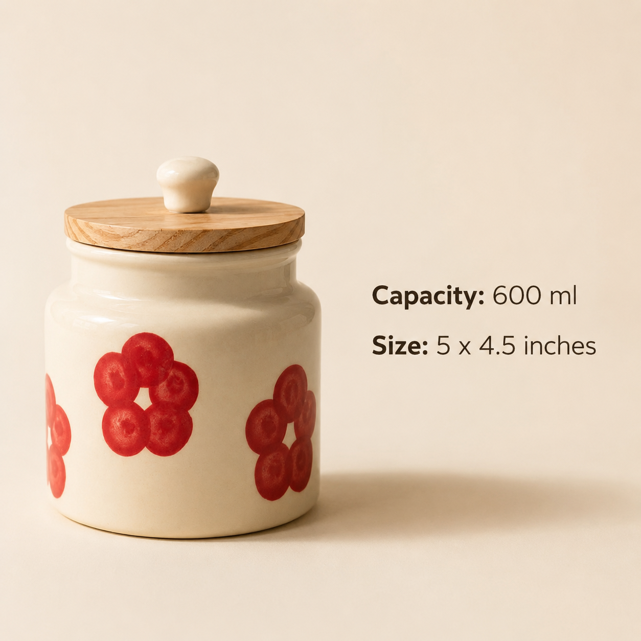 Red Floral Ceramic Storage Jar with Wooden Lid - Image 5