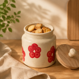 Red Floral Ceramic Storage Jar with Wooden Lid
