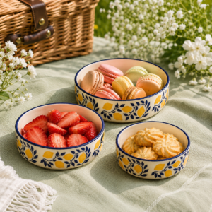 Lemon Print Ceramic Serving Bowls – Set of 3