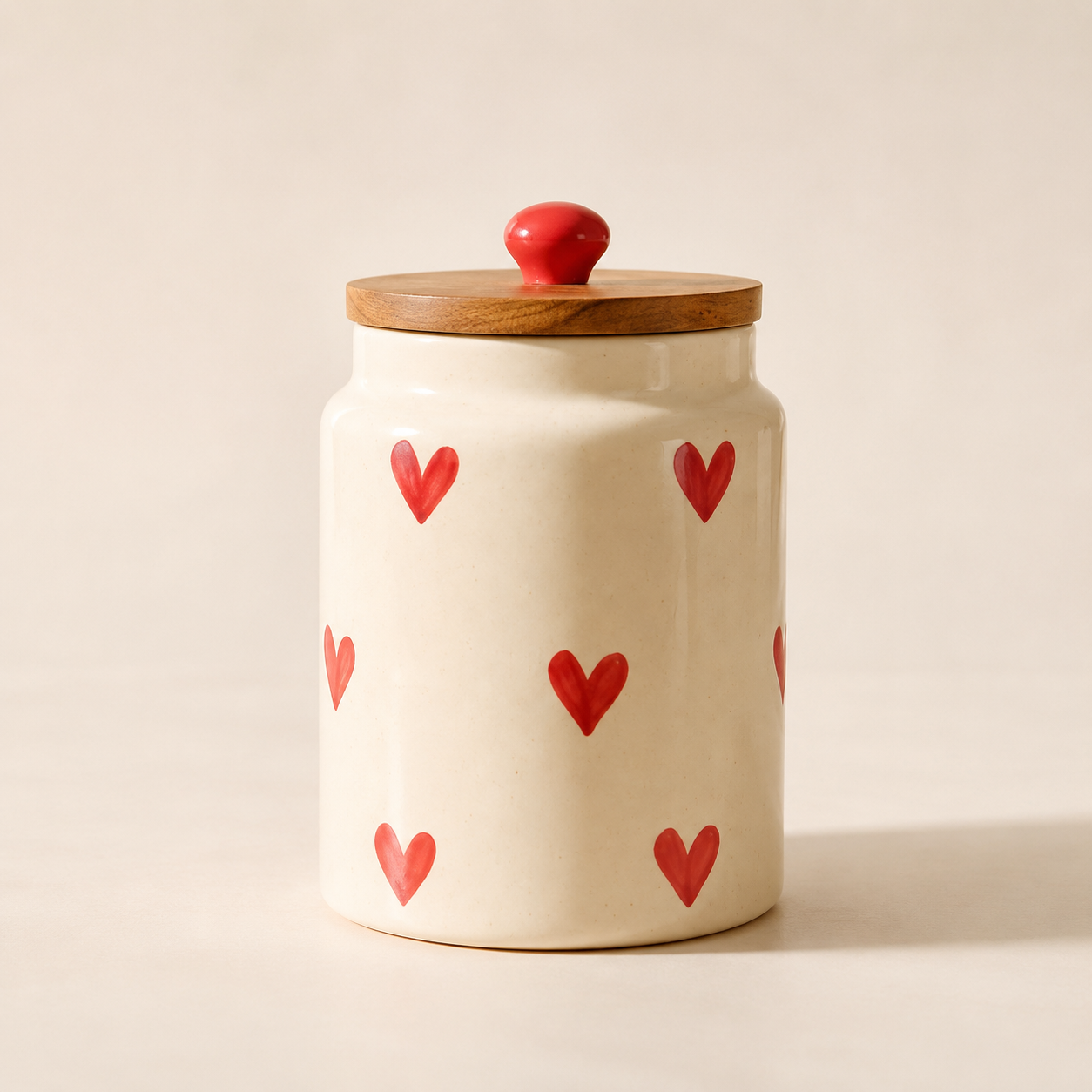 Red Heart Ceramic Storage Jar with Wooden Lid - Image 3