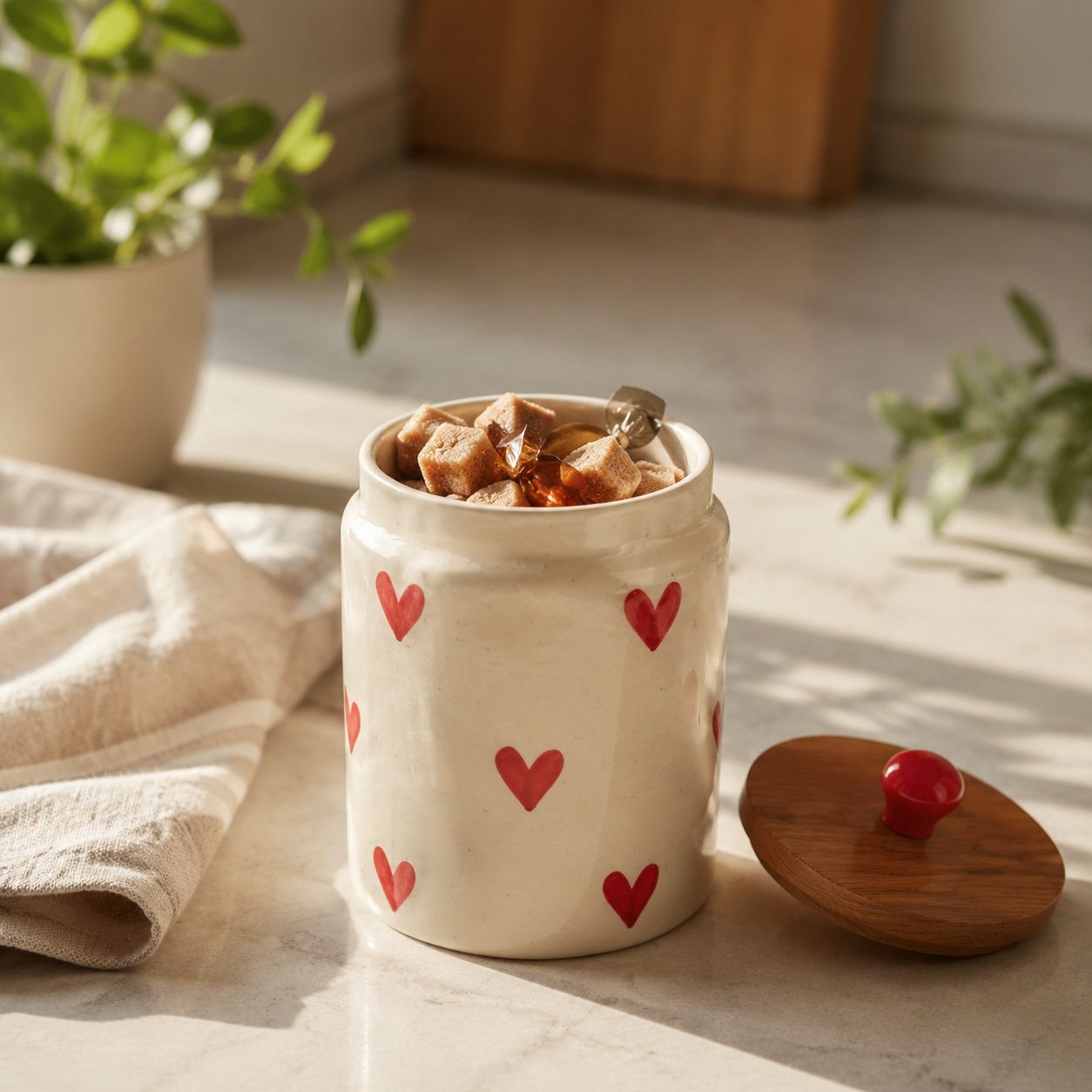 Red Heart Ceramic Storage Jar with Wooden Lid - Image 2
