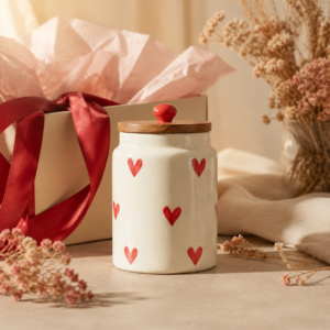 Red Heart Ceramic Storage Jar with Wooden Lid