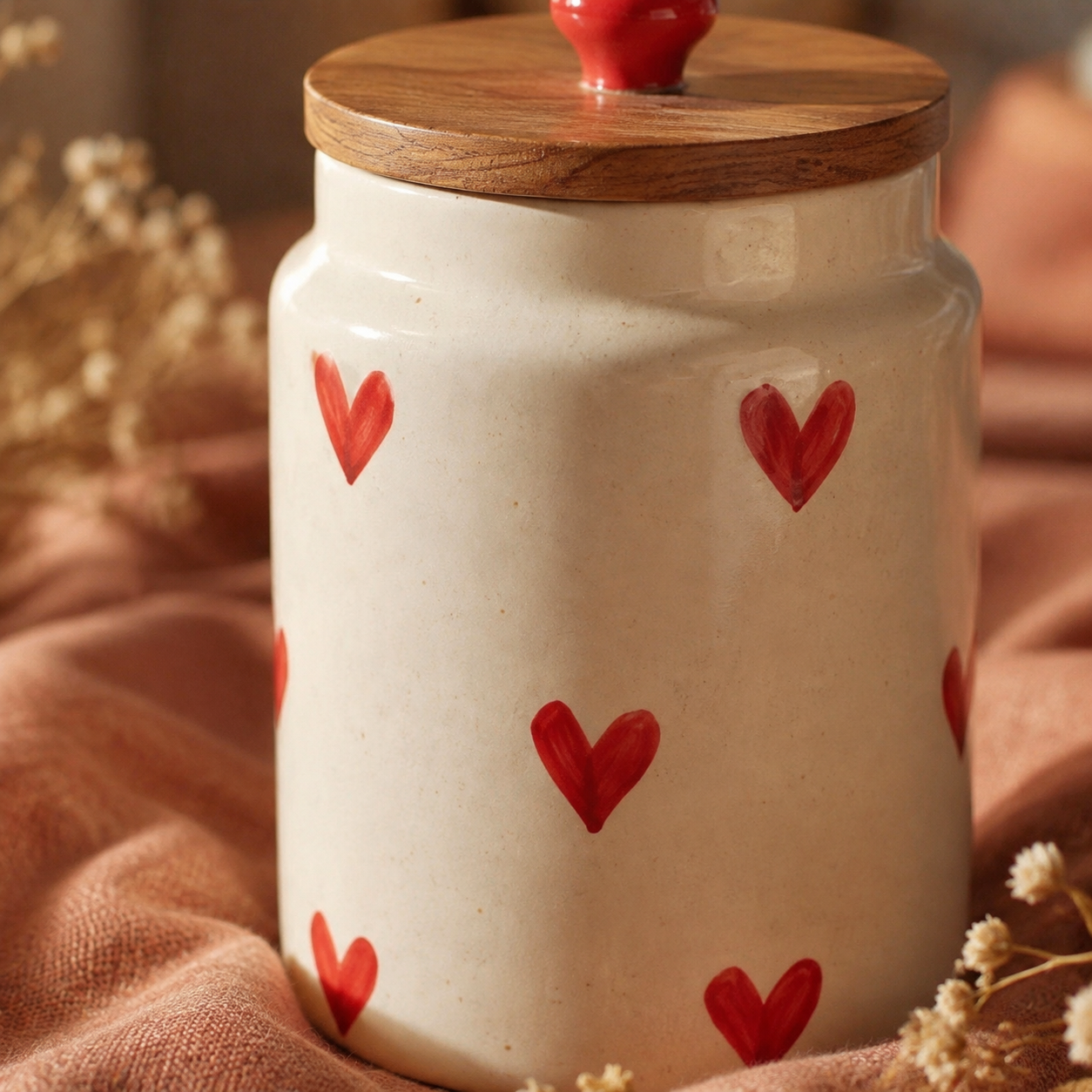 Red Heart Ceramic Storage Jar with Wooden Lid - Image 4