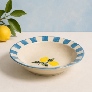 Blue Rim Lemon Print Ceramic Pasta Plate
