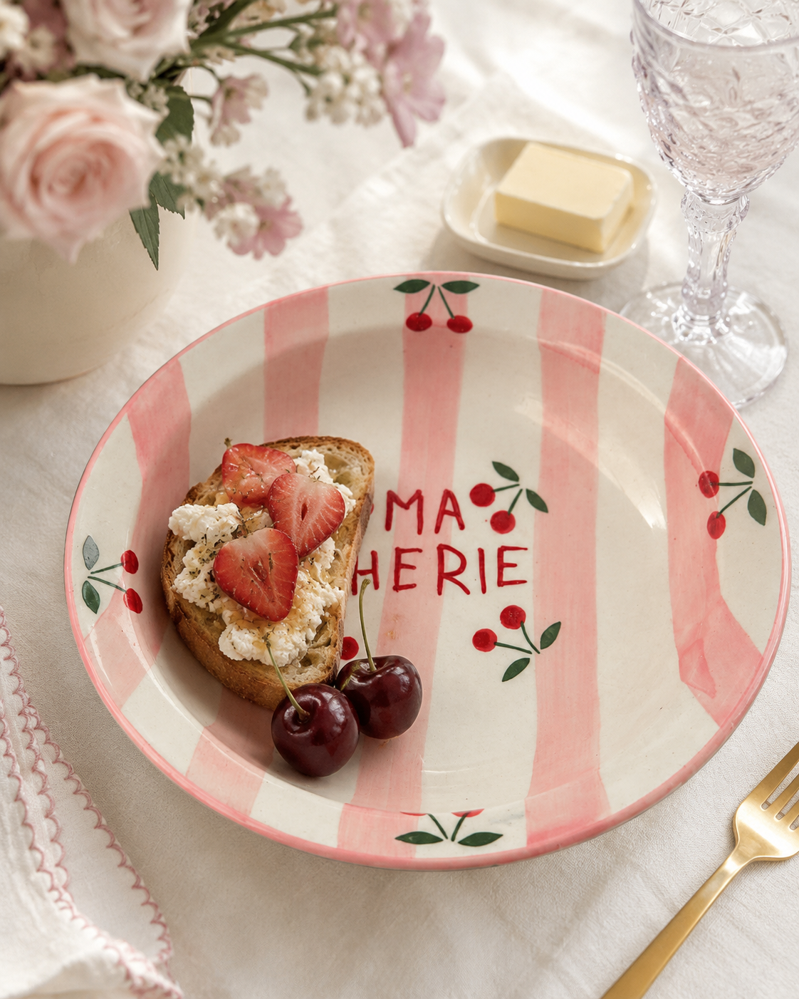 Ma Chérie Cherry Print Ceramic Pasta Plate – Pink Striped - Image 2