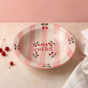 Ma Chérie Cherry Print Ceramic Pasta Plate – Pink Striped