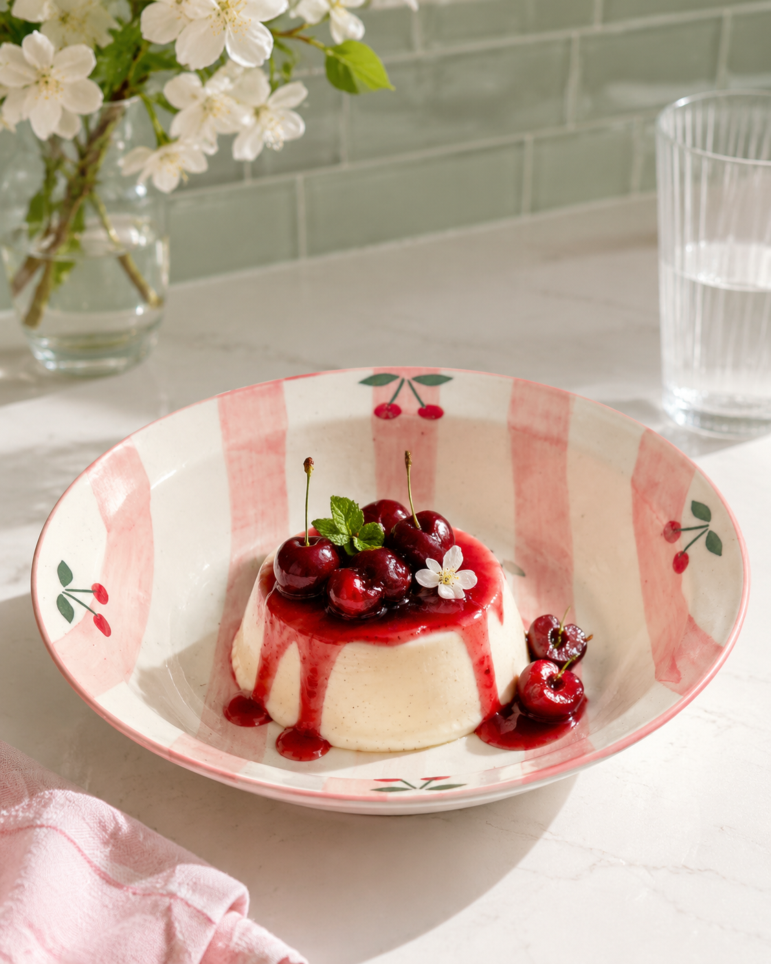 Ma Chérie Cherry Print Ceramic Pasta Plate – Pink Striped - Image 4