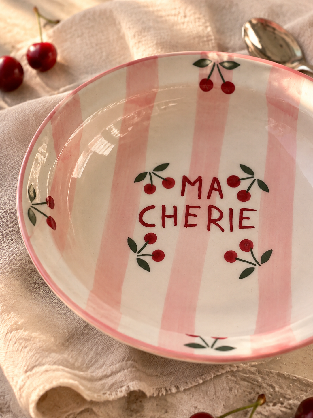 Ma Chérie Cherry Print Ceramic Pasta Plate – Pink Striped - Image 3