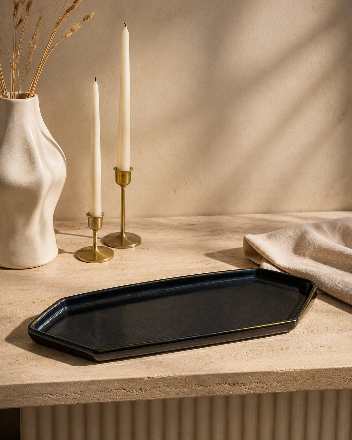 Midnight Blue Hexagonal Ceramic Serving Platter – Modern Snack Tray