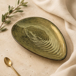 Olive Green Ripple Almond Ceramic Serving Platter