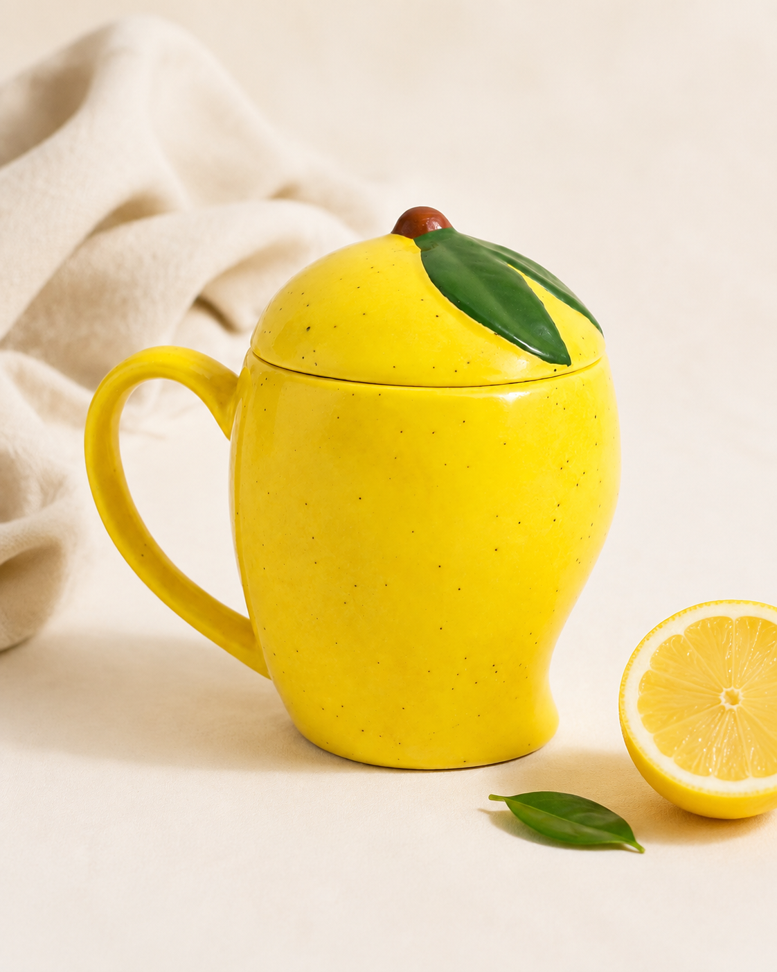 Mango Shaped Ceramic Mug with Lid – Yellow Fruit Mug - Image 3