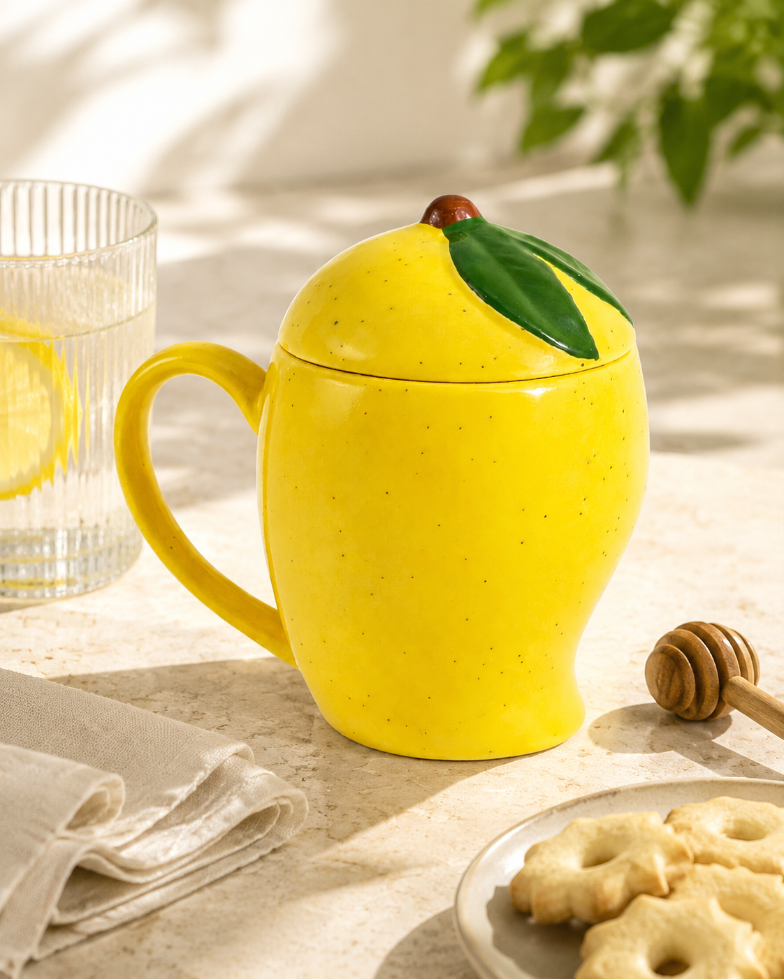Mango Shaped Ceramic Mug with Lid – Yellow Fruit Mug - Image 2