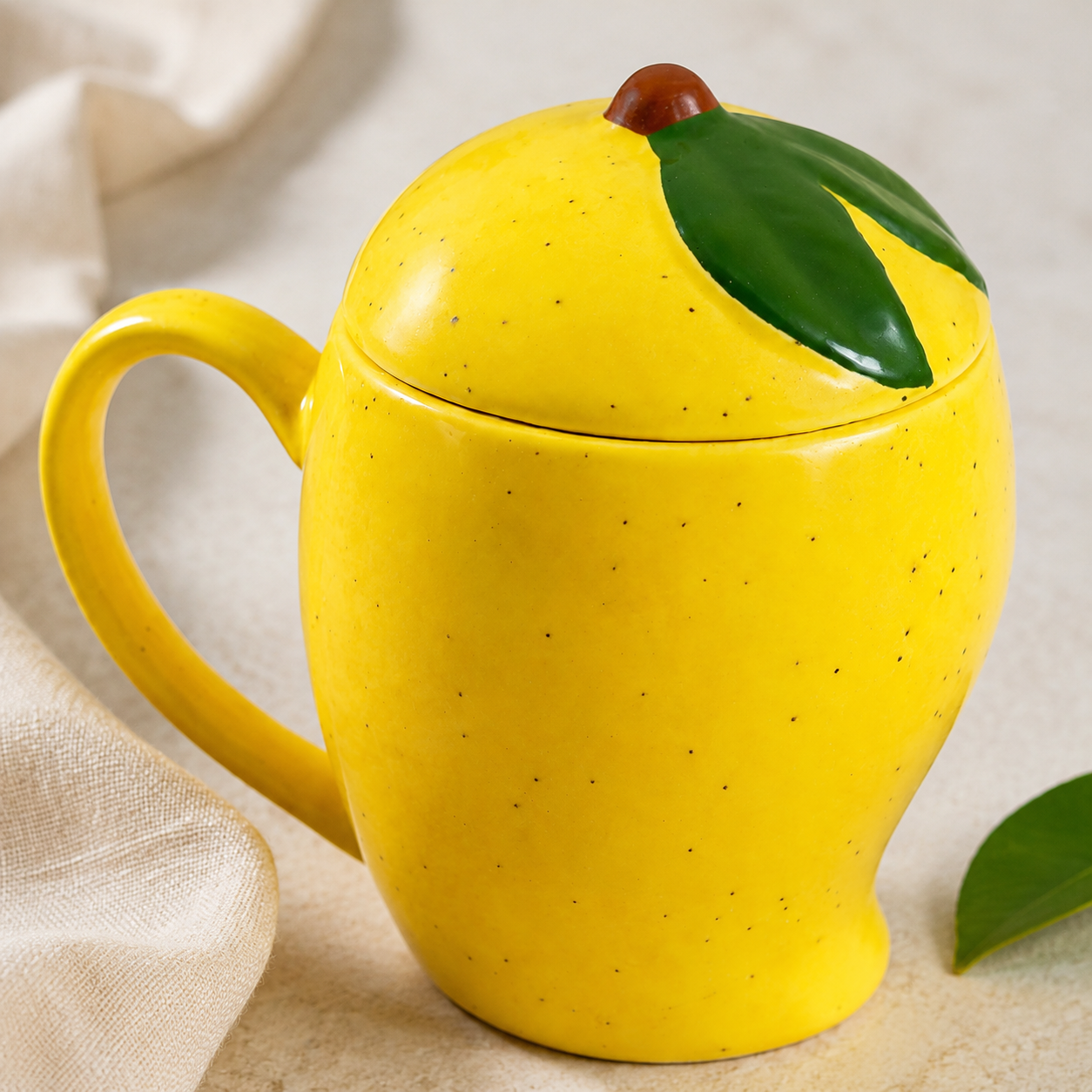 Mango Shaped Ceramic Mug with Lid – Yellow Fruit Mug - Image 4