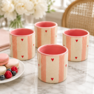 Pink Stripe Heart Ceramic Glass – Handleless Tumbler