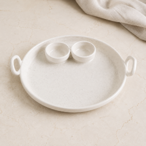 Speckled Ceramic Serving Platter with 2 attached Dip Bowls & Handles