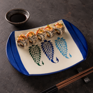 Blue Leaf Ceramic Serving Platter – Hand-Painted Style Rectangular Platter