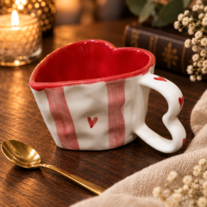 Pink Striped Heart-Shaped Ceramic Mug – Cute Love Coffee Cup