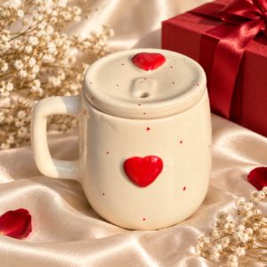Red Heart Ceramic Mug with Lid – Cute Love Coffee Mug