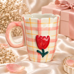 Tulip Checkered Ceramic Mug – Pink Floral Coffee Cup
