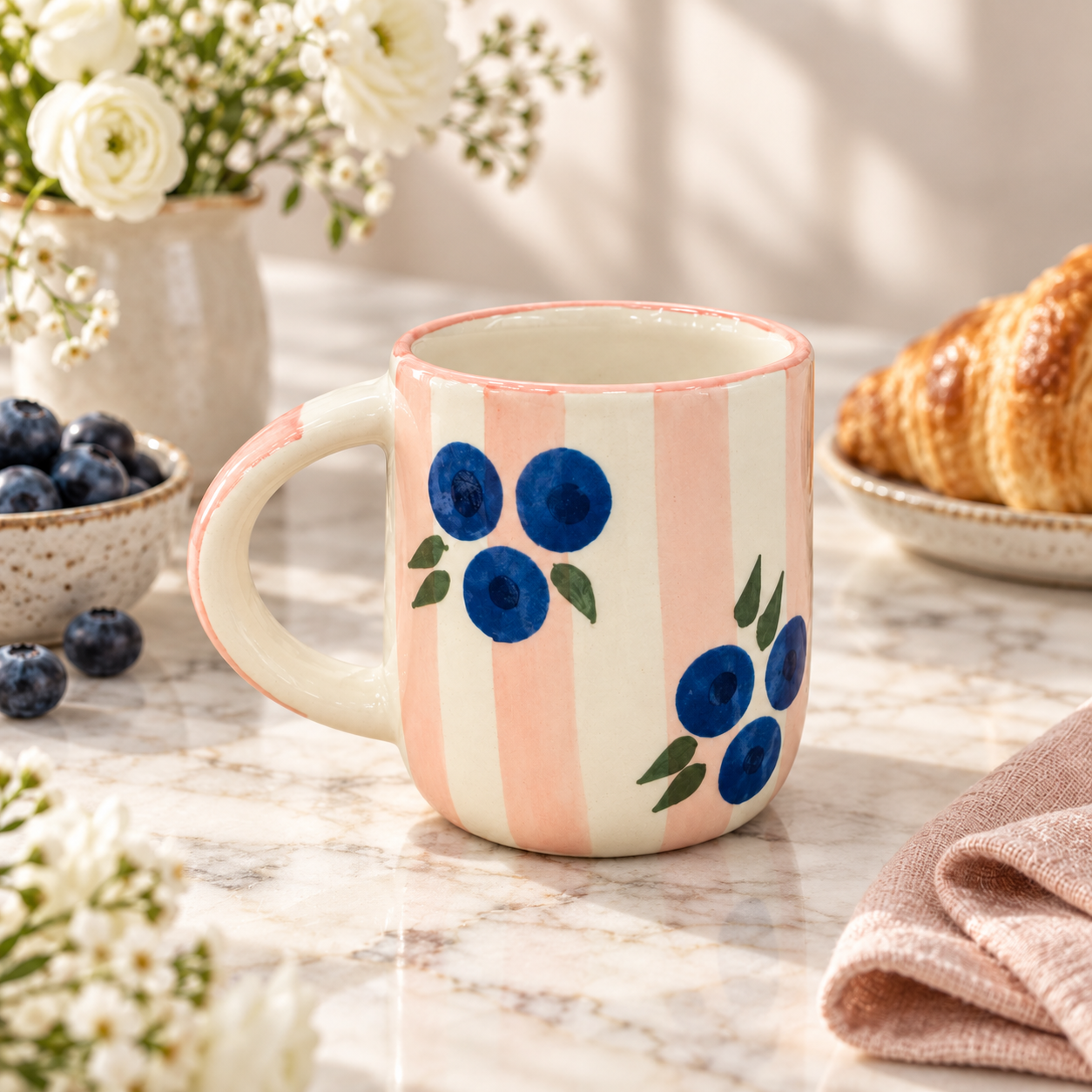 Blueberry Stripe Ceramic Mug – Pink & Blue Floral Coffee Cup - Image 3