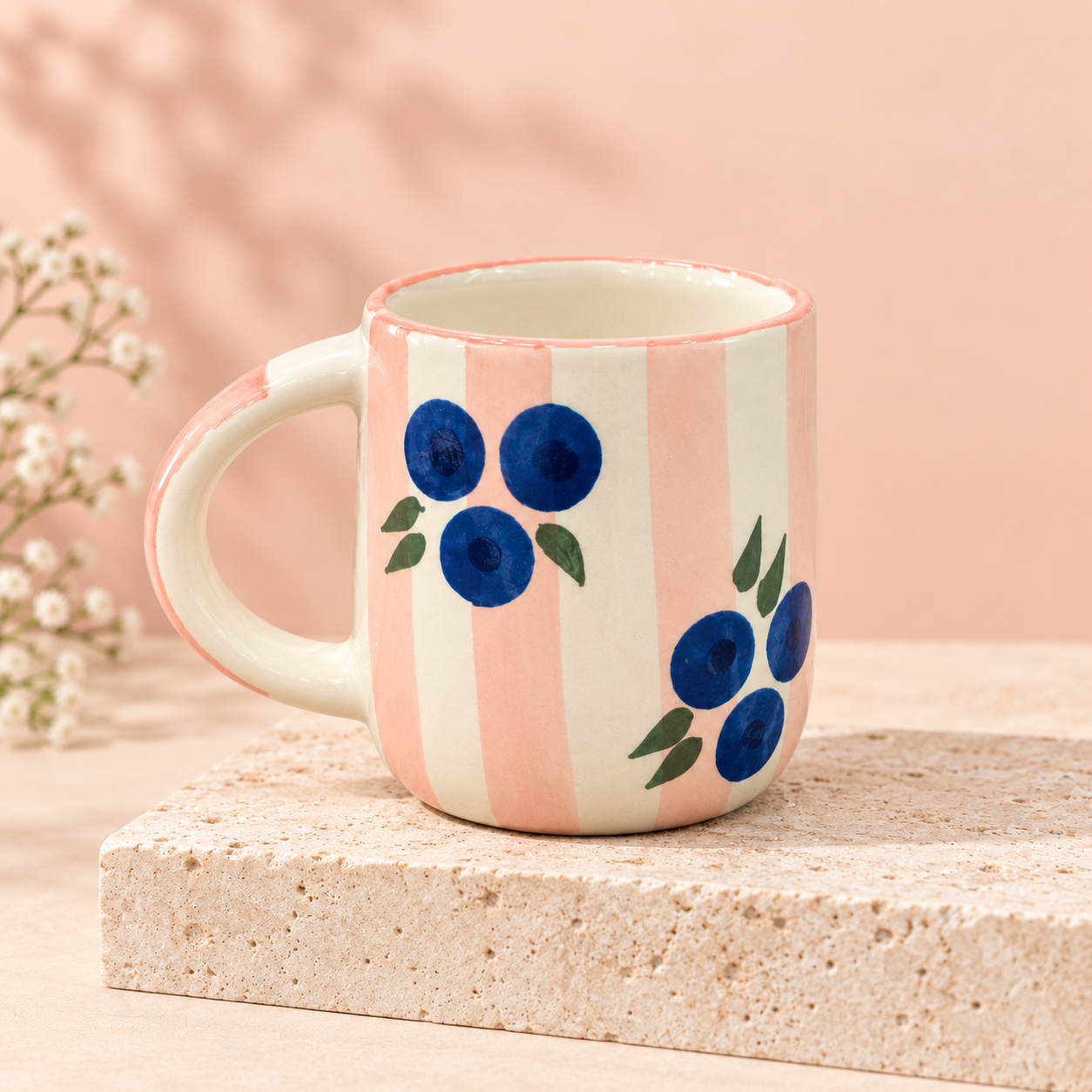 Blueberry Stripe Ceramic Mug – Pink & Blue Floral Coffee Cup - Image 2