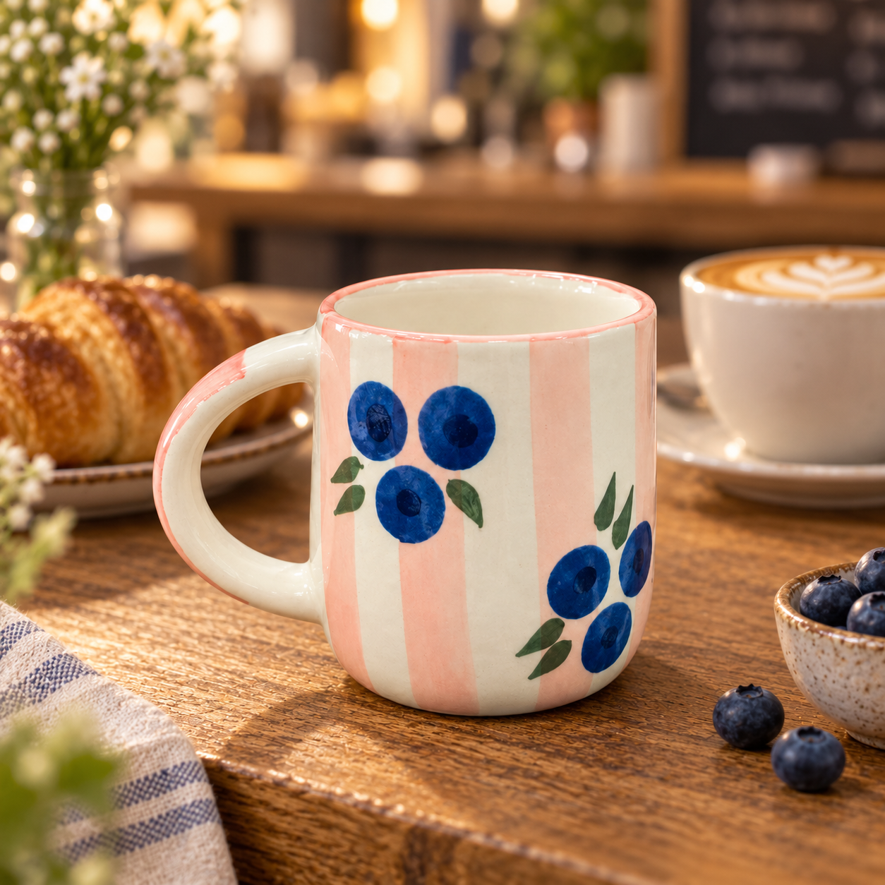 Blueberry Stripe Ceramic Mug – Pink & Blue Floral Coffee Cup - Image 5